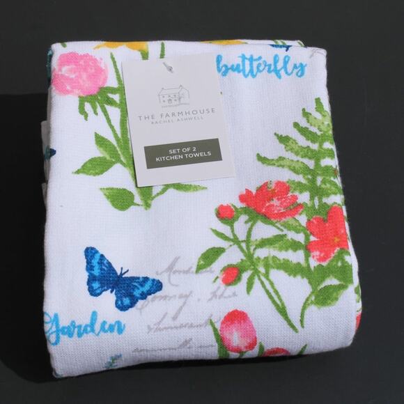 Rachel Ashwell Farmhouse Set of 2 Kitchen Towels Butterfly Floral Cotton - Picture 3 of 11